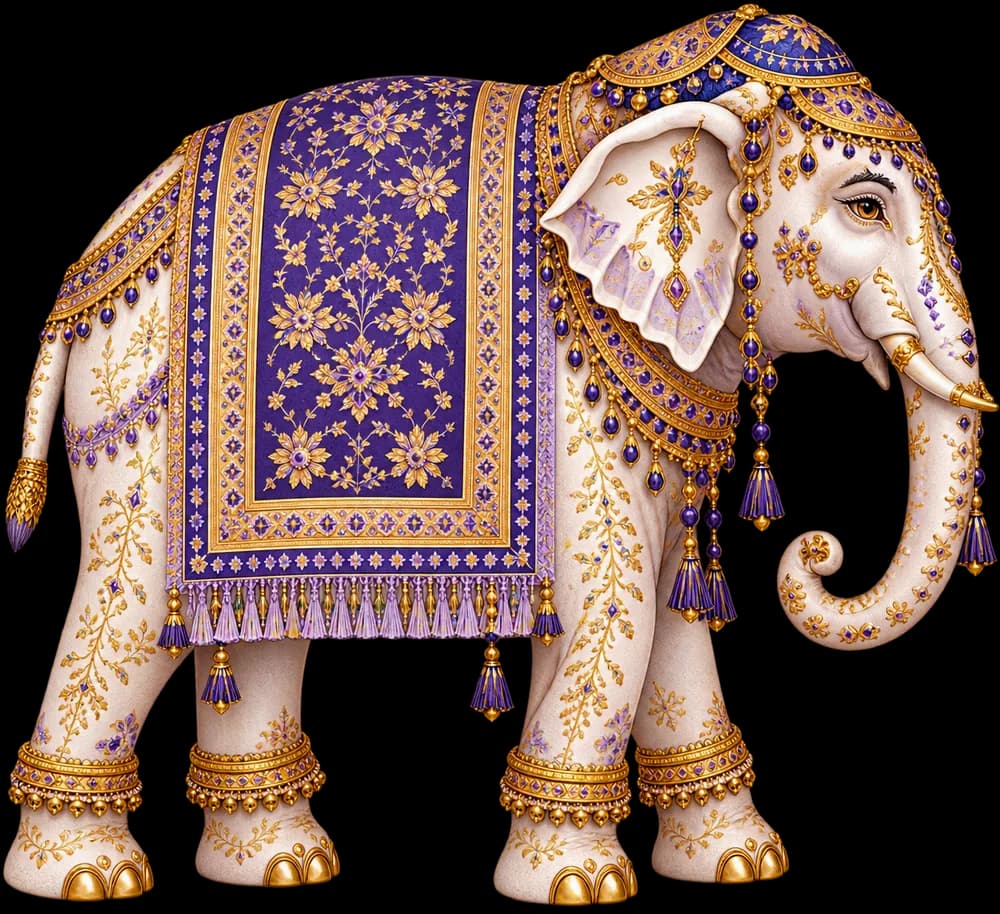 An ornate white elephant draped in a violet and gold blanket