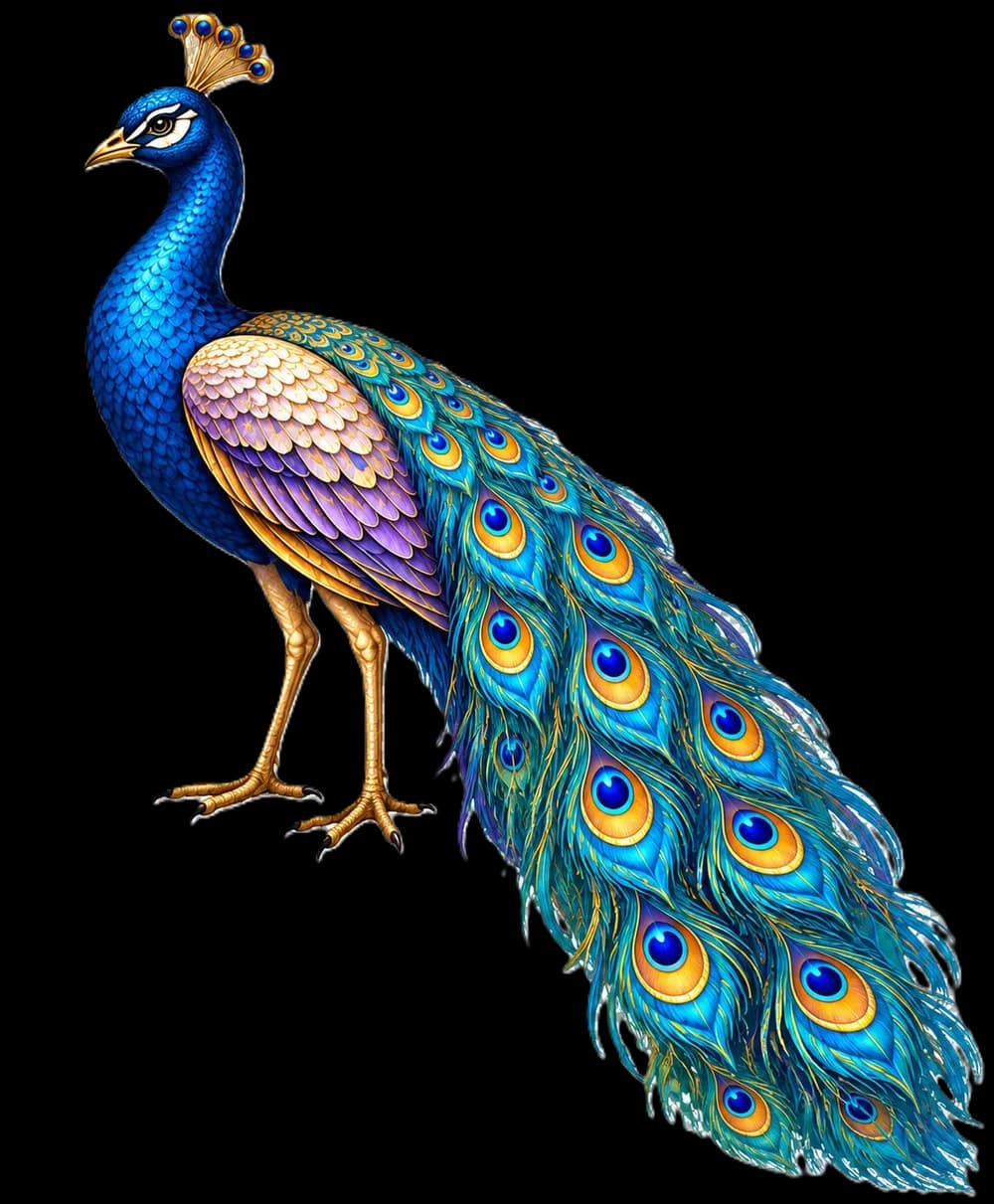A peacock with a long jewel-toned tail